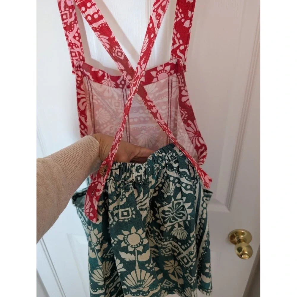 Free People Palm Bay Shortalls Red Green Floral Print Romper‎ Size S